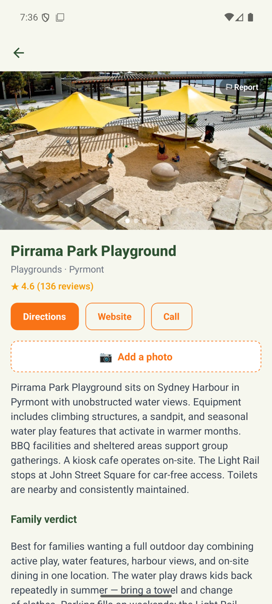 Family Action app — venue detail with directions, website and call