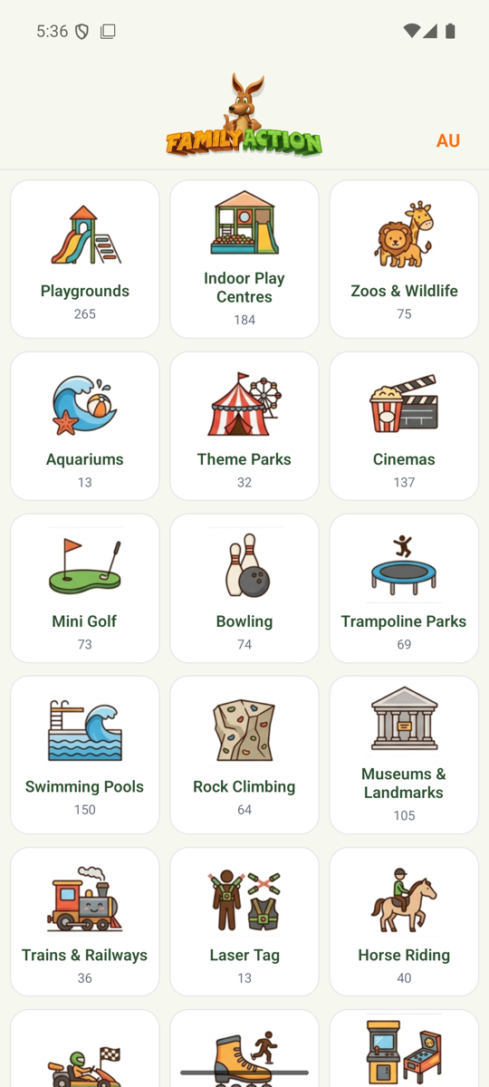 Family Action app — the category grid of things to do