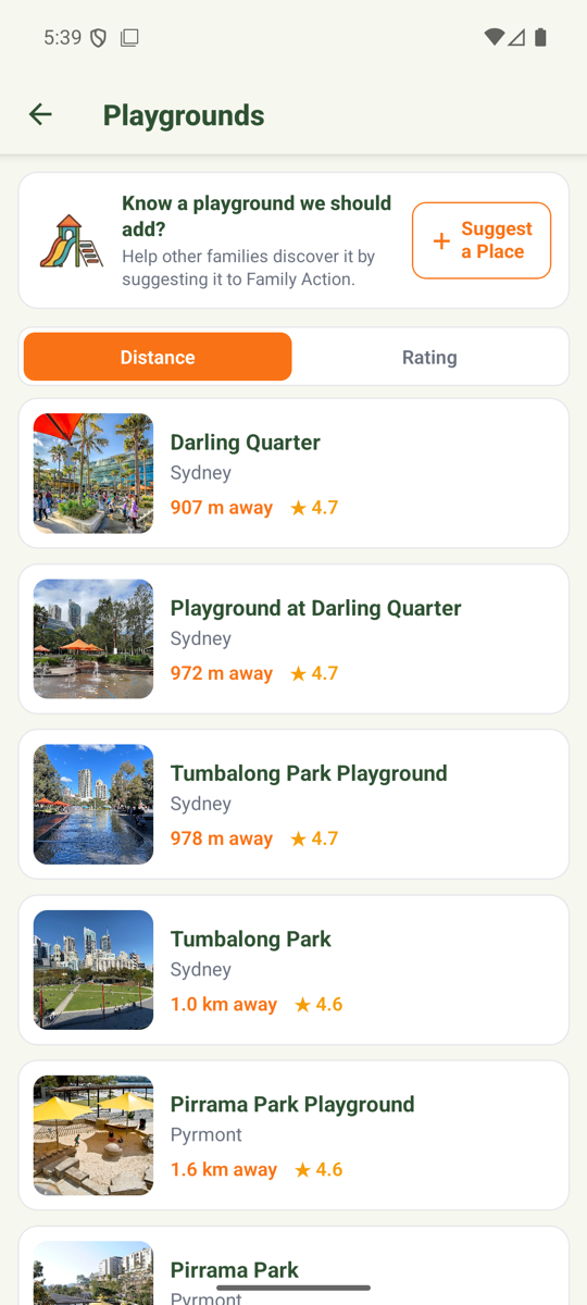 Family Action app — venues near you, sorted by distance